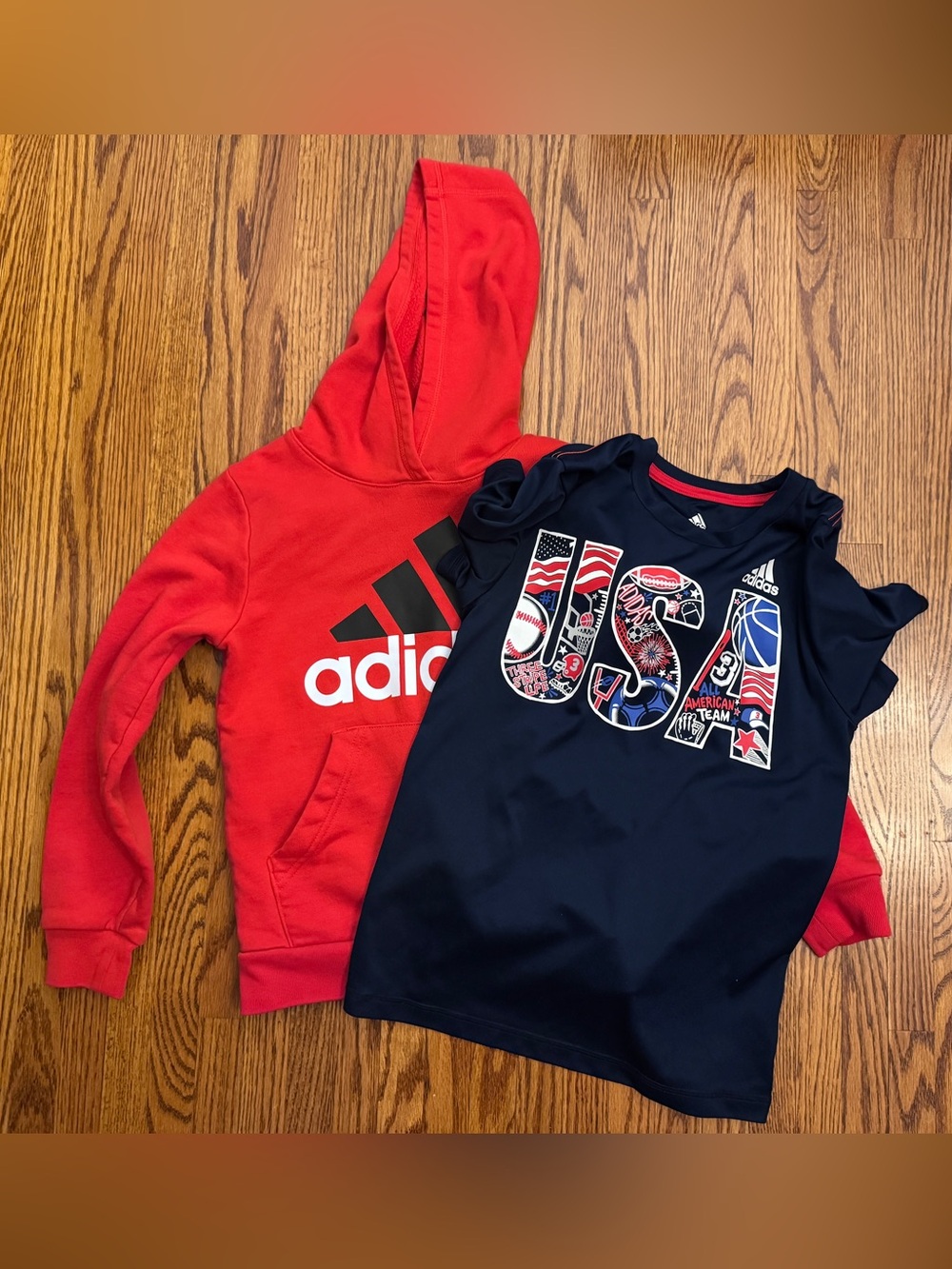 Adidas Red Kids Hoodie + Navy Tee Size Small